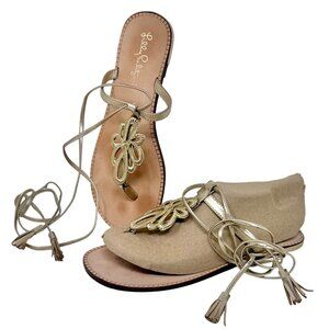 Lilly Pulitzer Pier Metallic Gold Leather Gladiator Tie Up Tassel Sandals Sz 7M